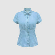 Figure-flattering Waist-cinching Single-breasted Denim Short-sleeve Shirt