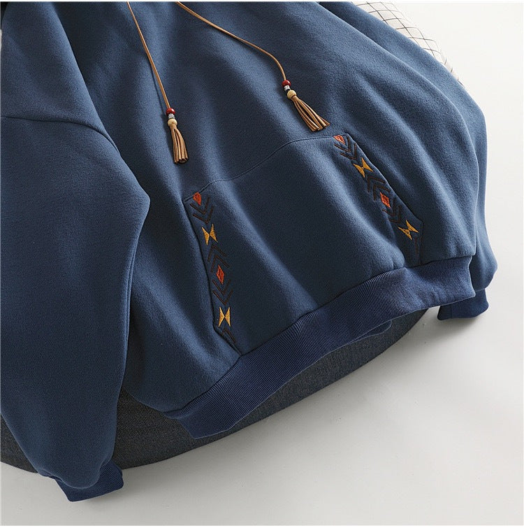 Korean Style Geometric Embroidered Loose Hoodie
