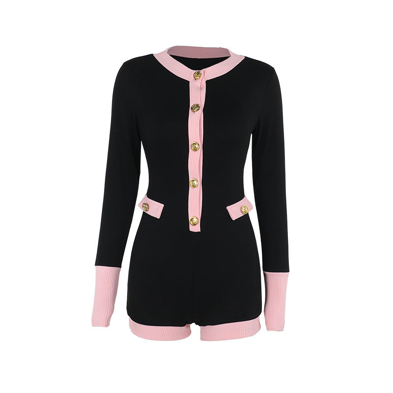 European, American And French Style Elegant Slim Knit Contrast Color Long Sleeves Jumpsuit