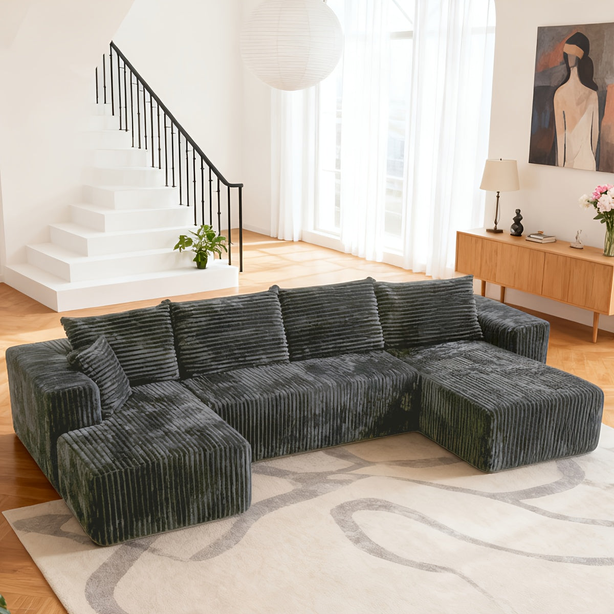 Modular L-shaped chaise longue sofa bed with deep seat and corduroy upholstery