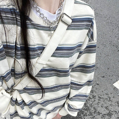 Milky White Striped Oversized Couple Sweater