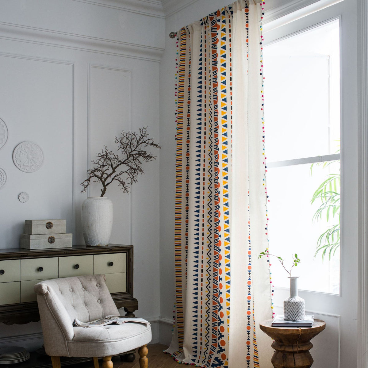 Curtain Cotton and Linen Printed Colorful Fur Ball Bohemian Style Country