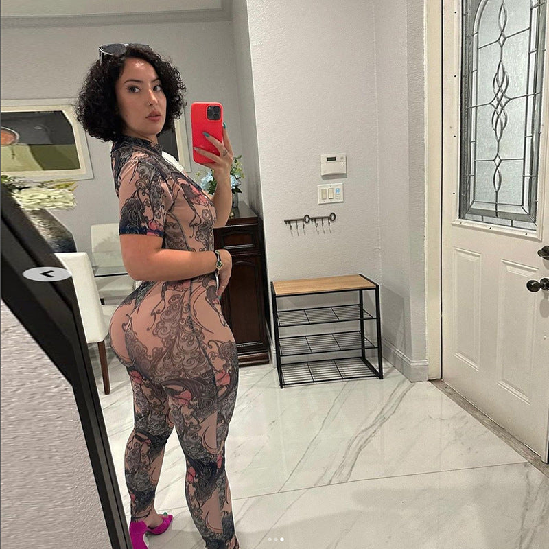 Women's Floral Mesh Backless Tight Jumpsuit