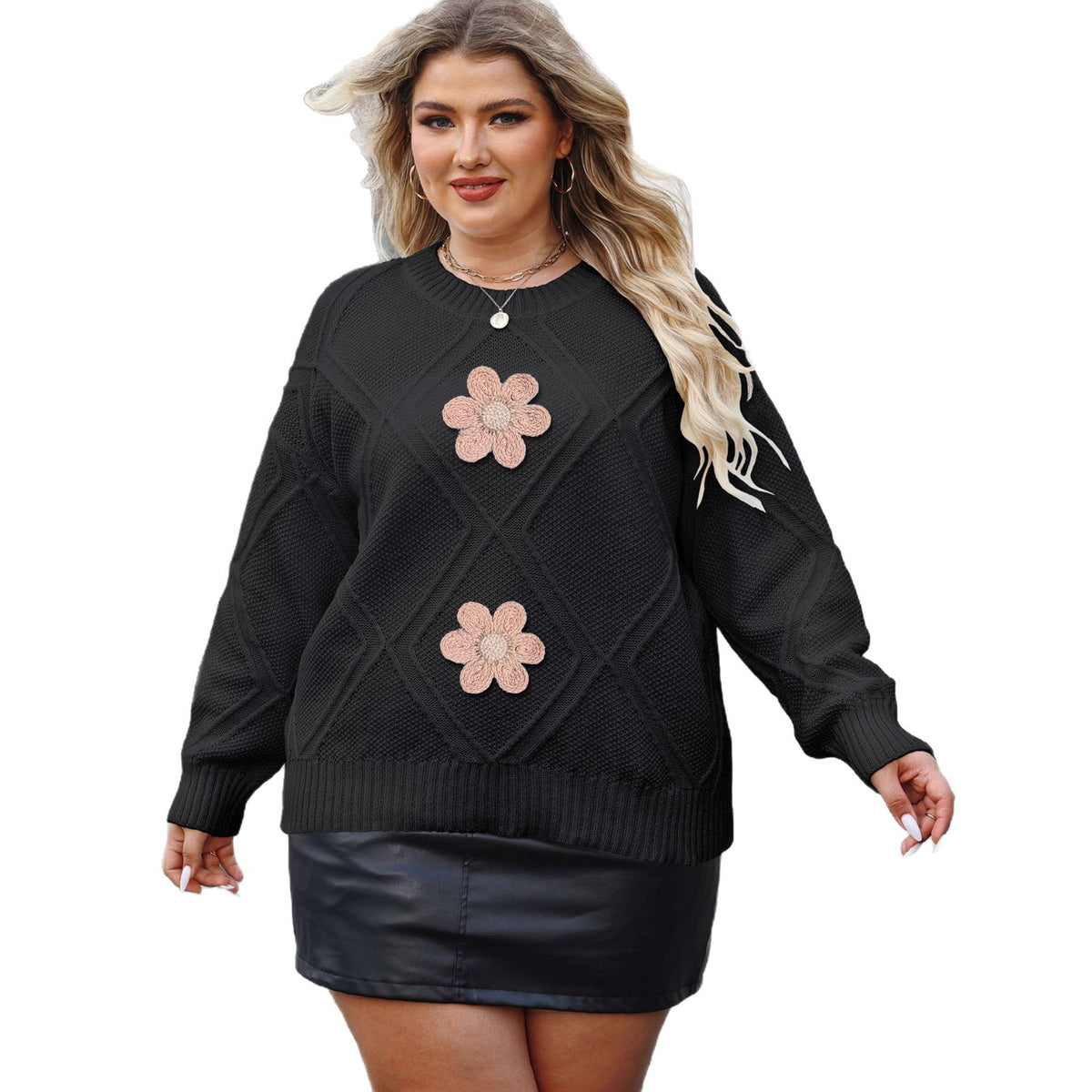 Loose Casual Knit Sweater for Women with Diamond Jacquard Floral Embroidery and Beaded Details