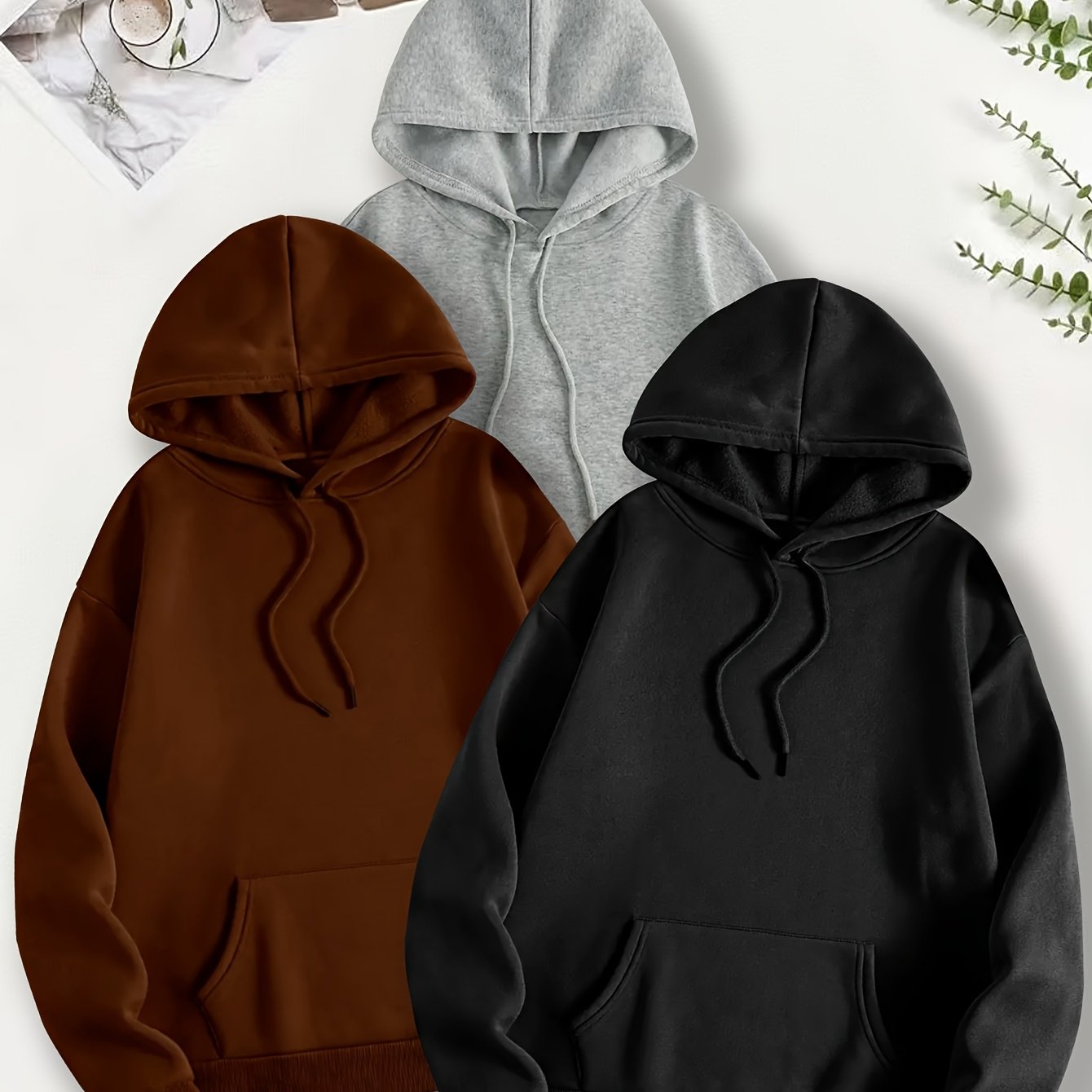 Three-Piece Oversized Solid Color Hooded Sweatshirt Set with Long Sleeves