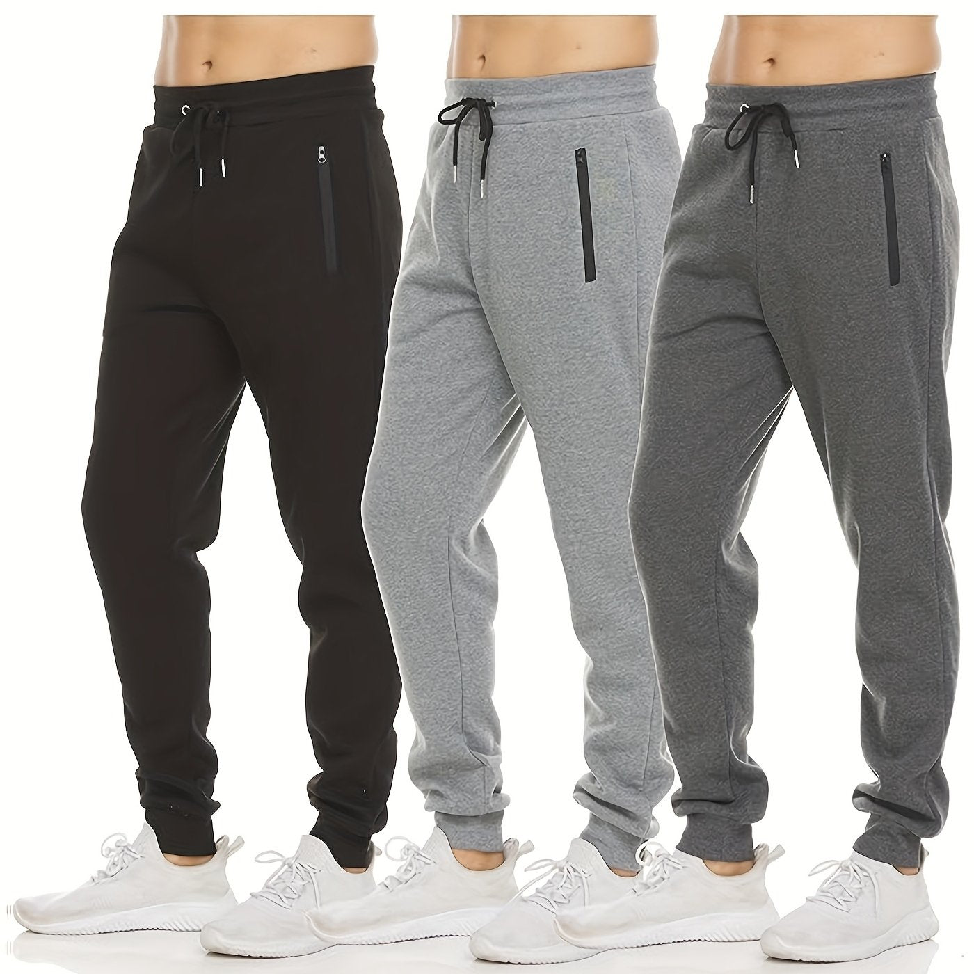 3pcs Mens Fleece Sweatpants - Casual, Sporty Joggers for Men, Athletic Pants with Zipper Pocket, S-3XL