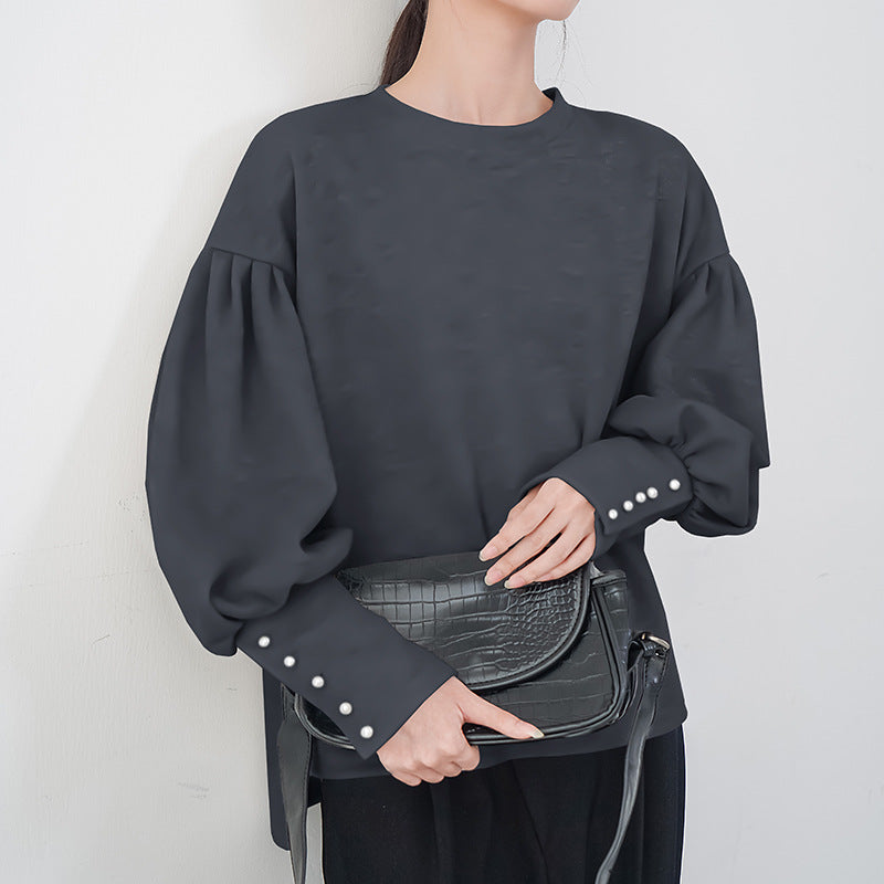 Chic Pearl Buckle Lantern Sleeve Sweater for Women