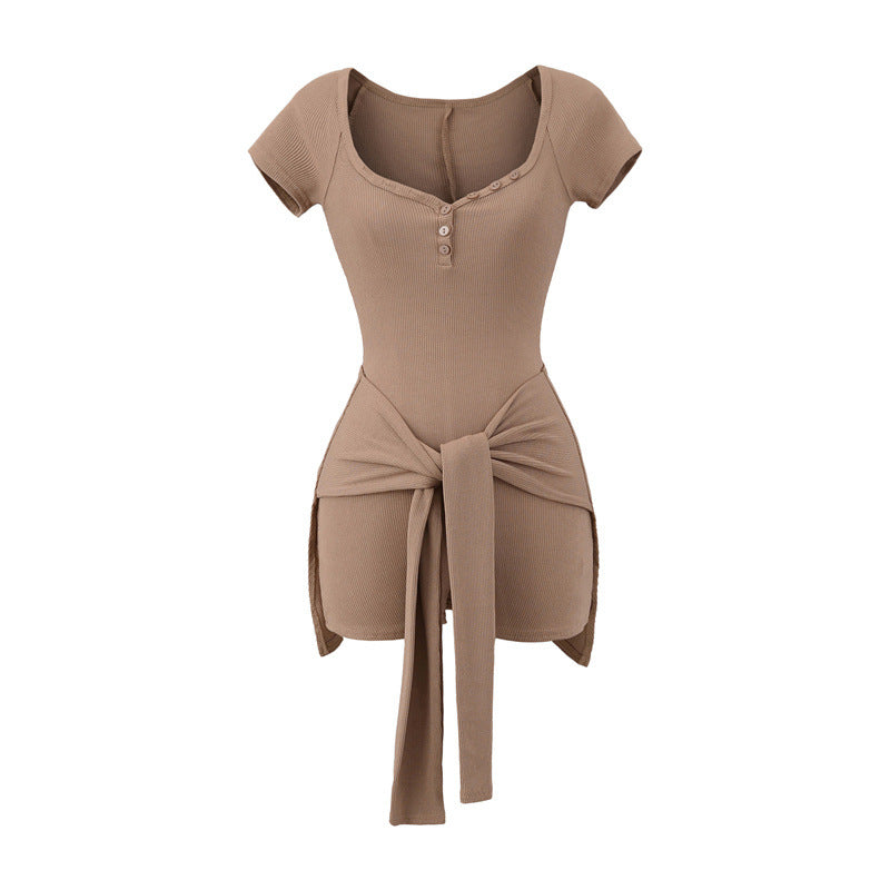Chic Peach Collar Tied Waist Jumpsuit Romper