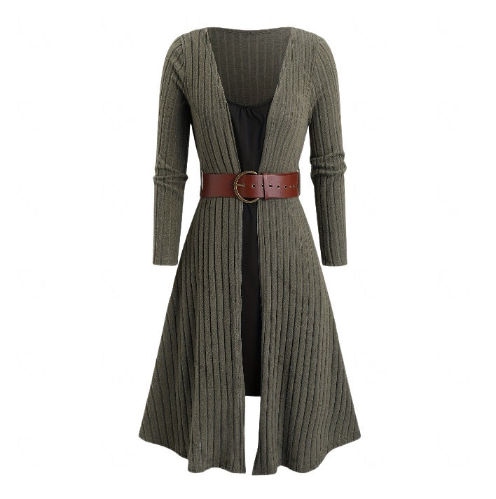 Plus-size Women's Casual Two-piece Long-sleeve Dress With Belt For Autumn And Winter