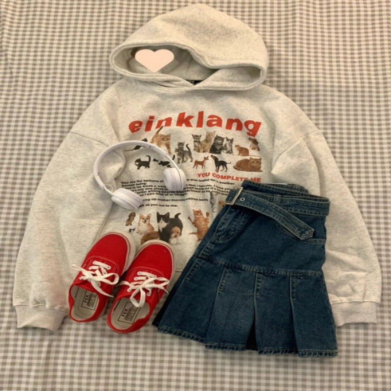 Retro Dog & Cat Fleece Hooded Sweatshirt