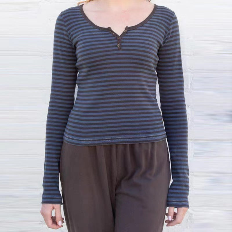 Sweet Striped Long Sleeve Cotton Women's Top