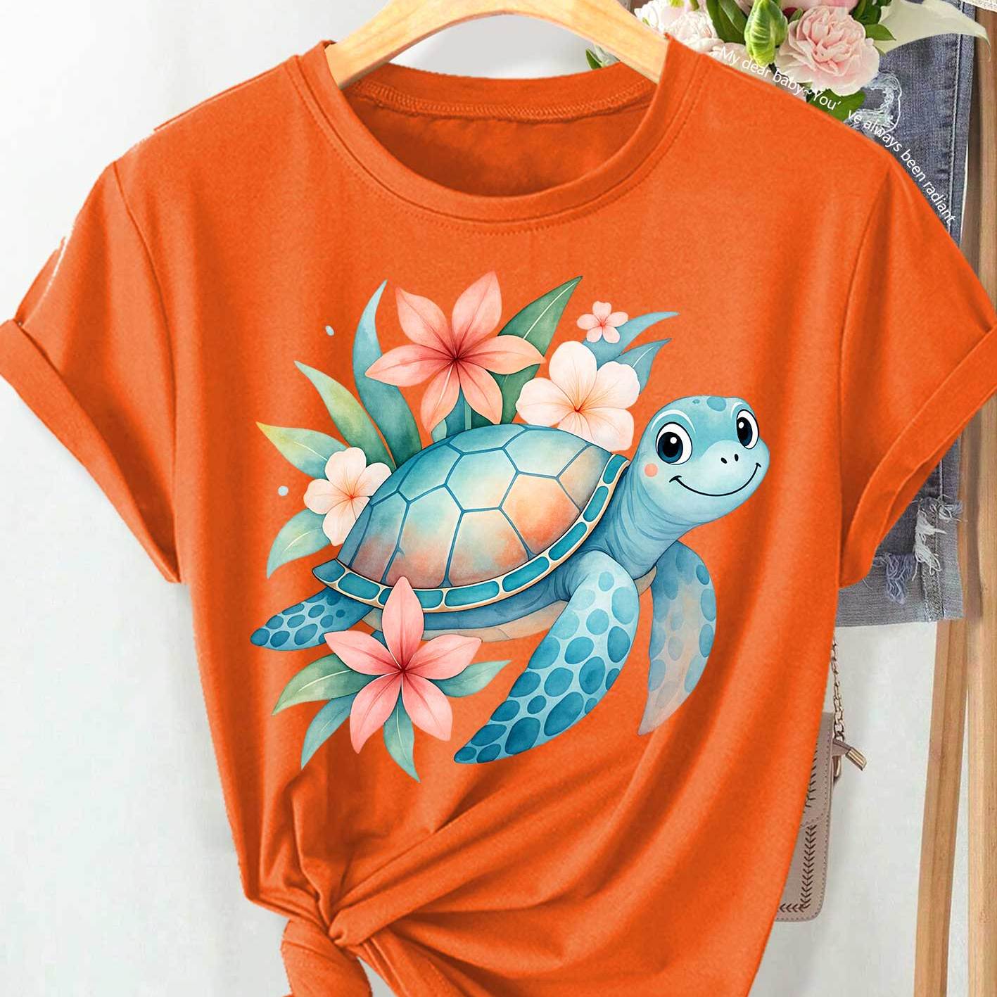 Women's Short Sleeve Round Neck Tunic with Smiling Sea Turtle and Tropical Floral Print