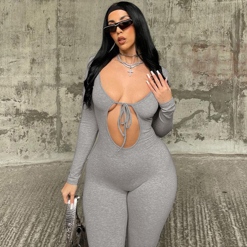 Slim-Fit Long Sleeve Chest Hollow Jumpsuit