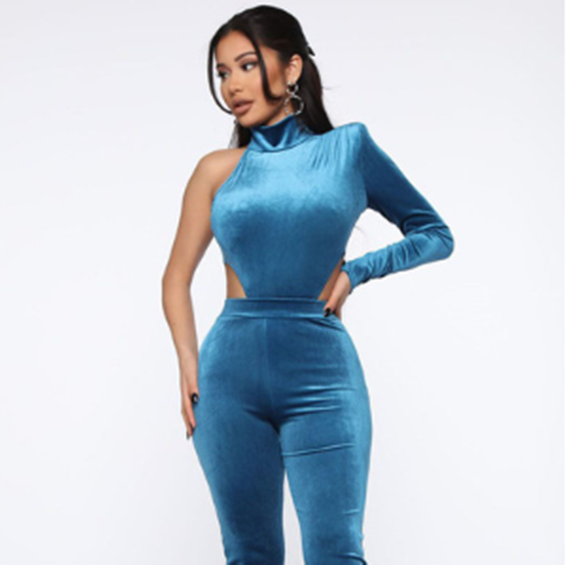 Gradient Single-sleeve High-neck Velvet Jumpsuit