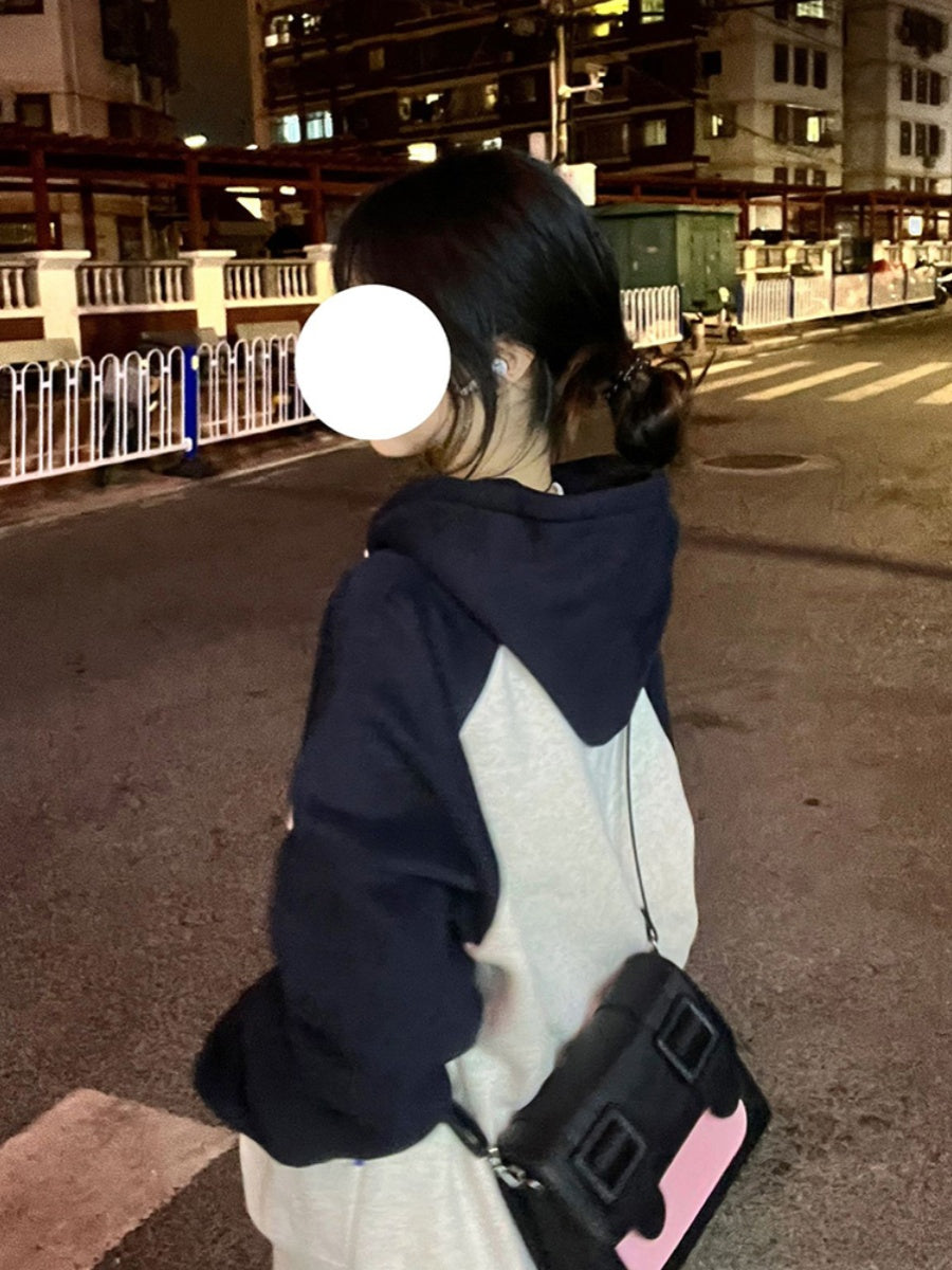 Retro Contrast Hooded Cardigan Loose Sweatshirt