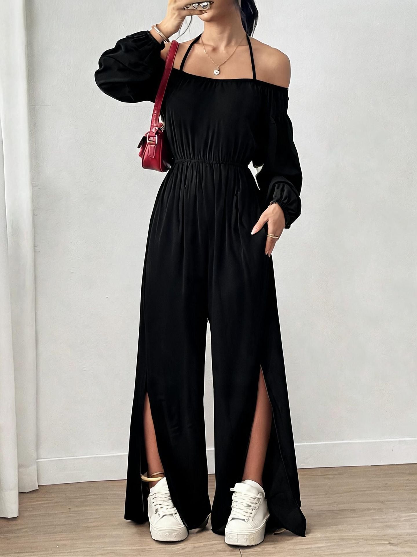 Women's Casual Strapless Slit Wide-Leg Jumpsuit