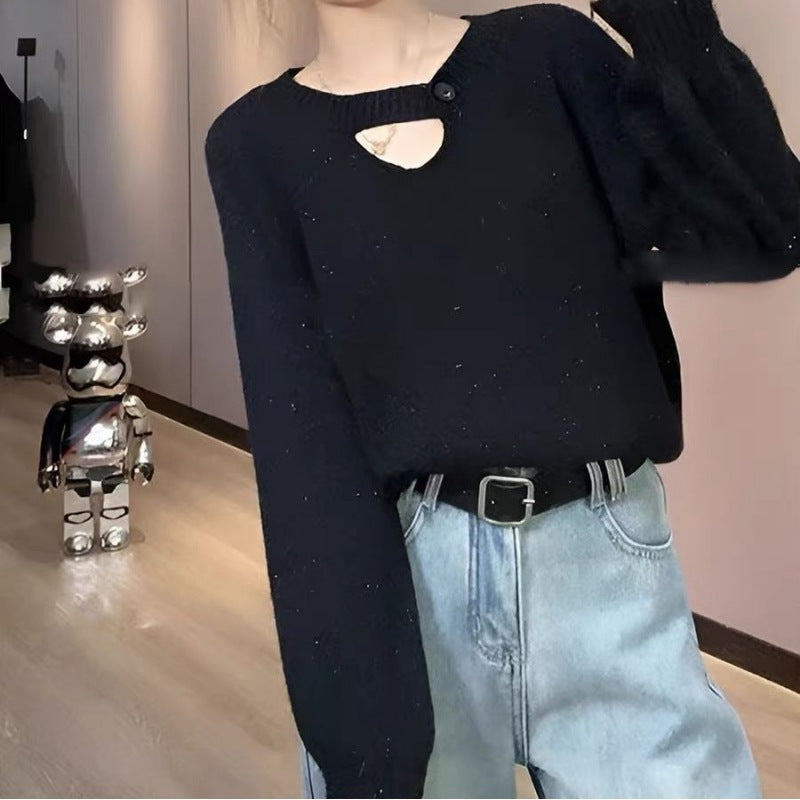 Knitted Sweater Women's Autumnwinter Korean-style Loose-fit Slimming Top with Exposed Collarbones and Long Sleeves