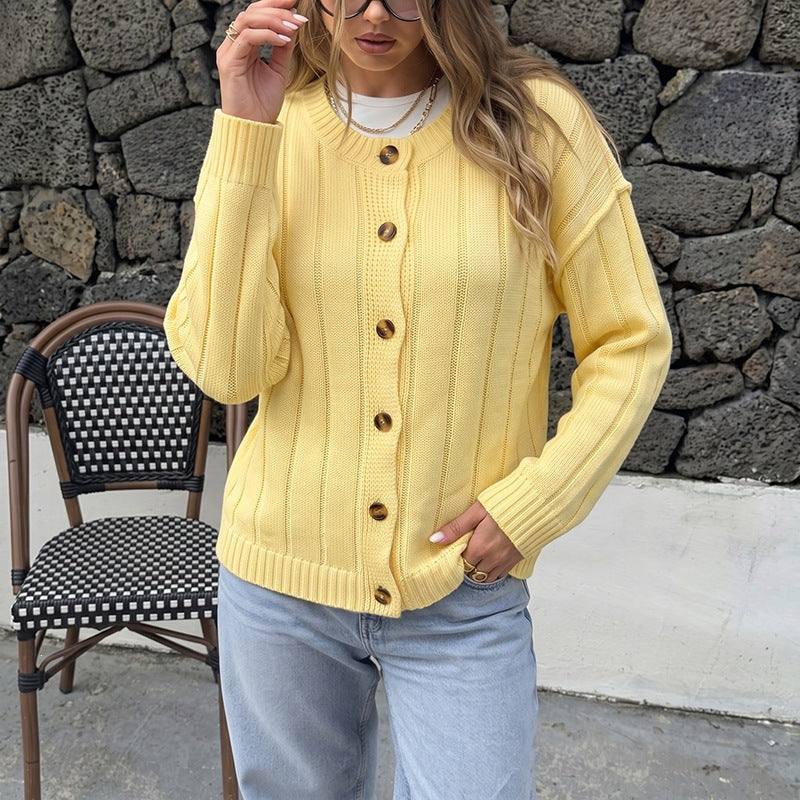Solid-color Crew-neck Knitted Cardigan Sweater for Women