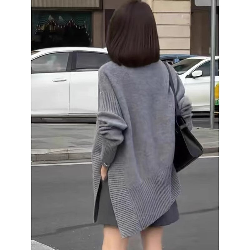 Mid-length Womens Asymmetrical High-neck Split Sweater