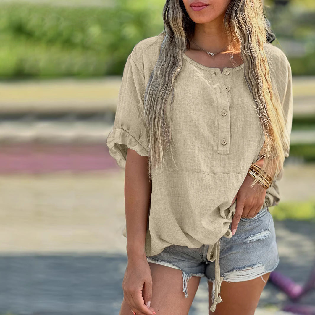 Loose-Fit Autumn Cotton-Linen Shirt – Khaki Short Sleeve with Buttons