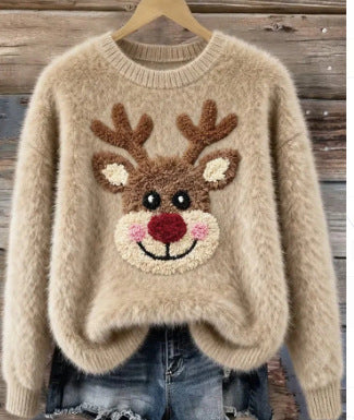 3d Digital Printed Flannel Christmas Women's Crew-neck Sweater