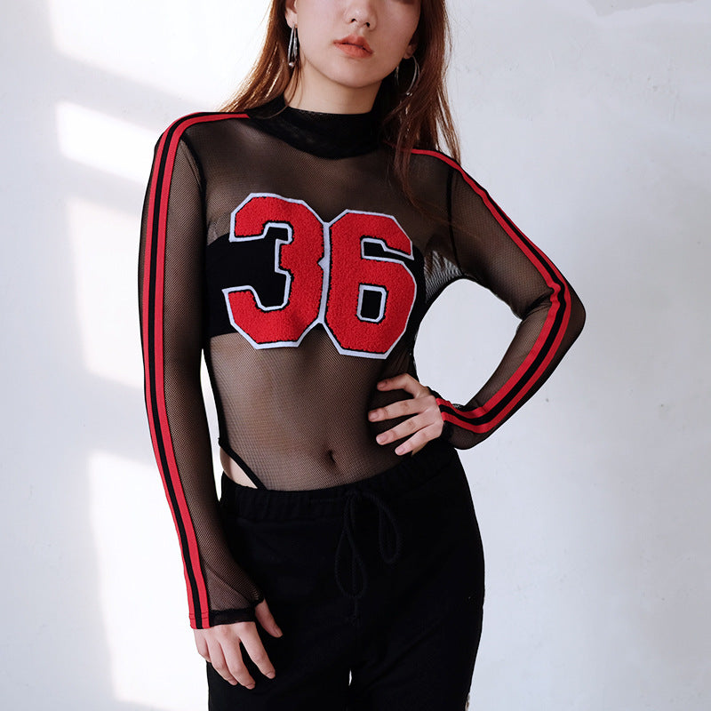 Sexy Striped Mesh Long-Sleeve Bodysuit