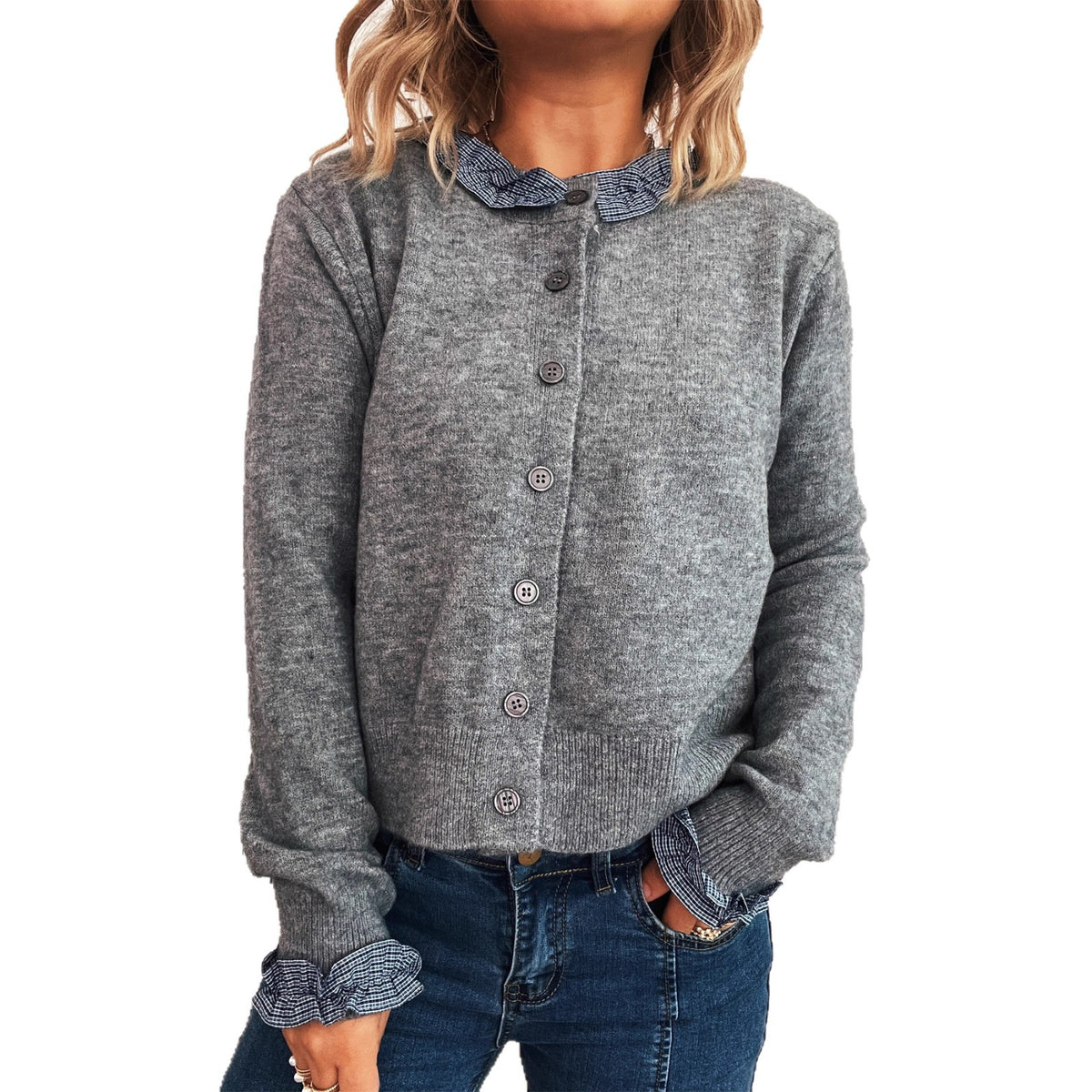 Lace Stitching Single-breasted Long Sleeve Solid Color Slim Fit Sweater