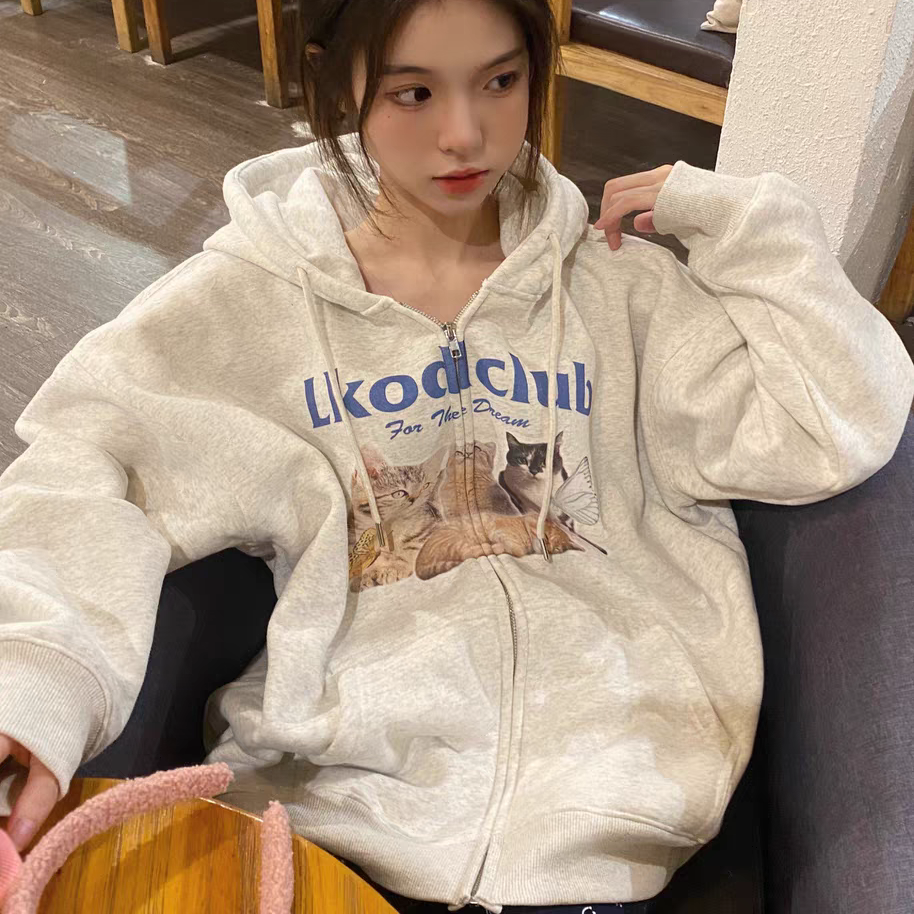 Cute Kitten Print Fleece Hooded Cardigan