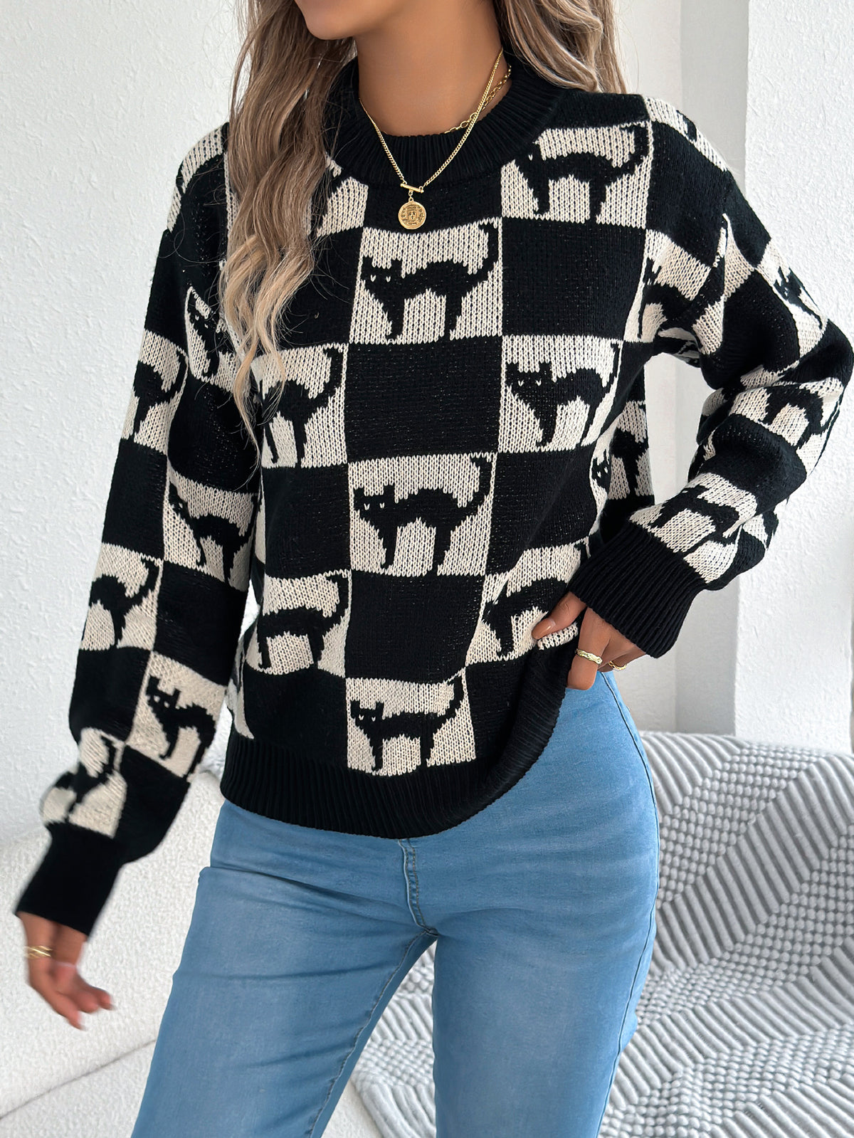 Women Halloween Plaid Lantern Sleeve Long Sleeve Pullover Sweater