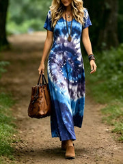Vintage Boho Tie-Dye Summer Dress U-Neck Short Sleeve
