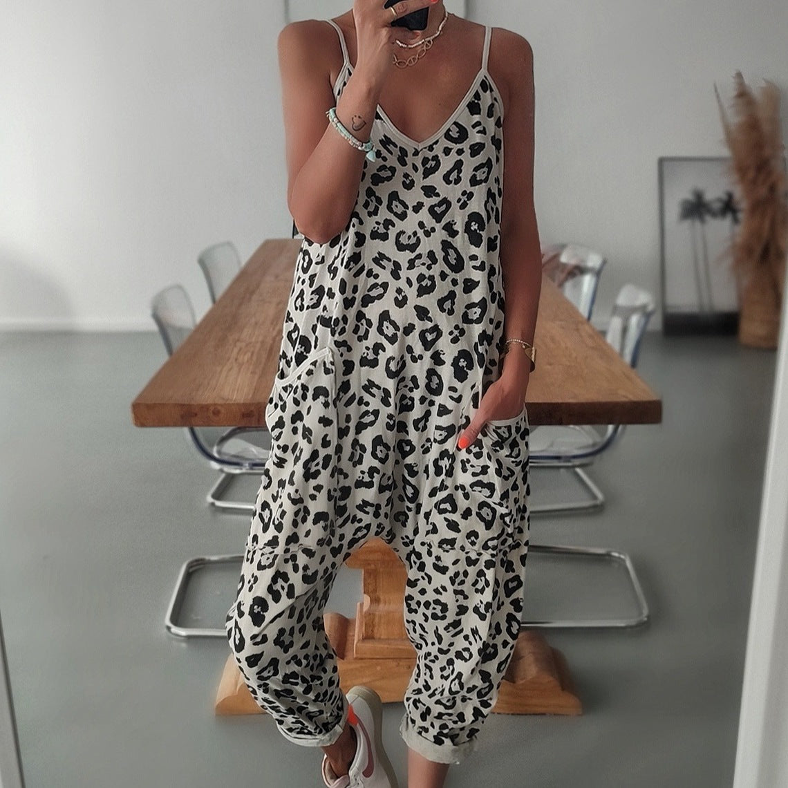 Summer European And American Leopard Print Loose Casual Sling Jumpsuit
