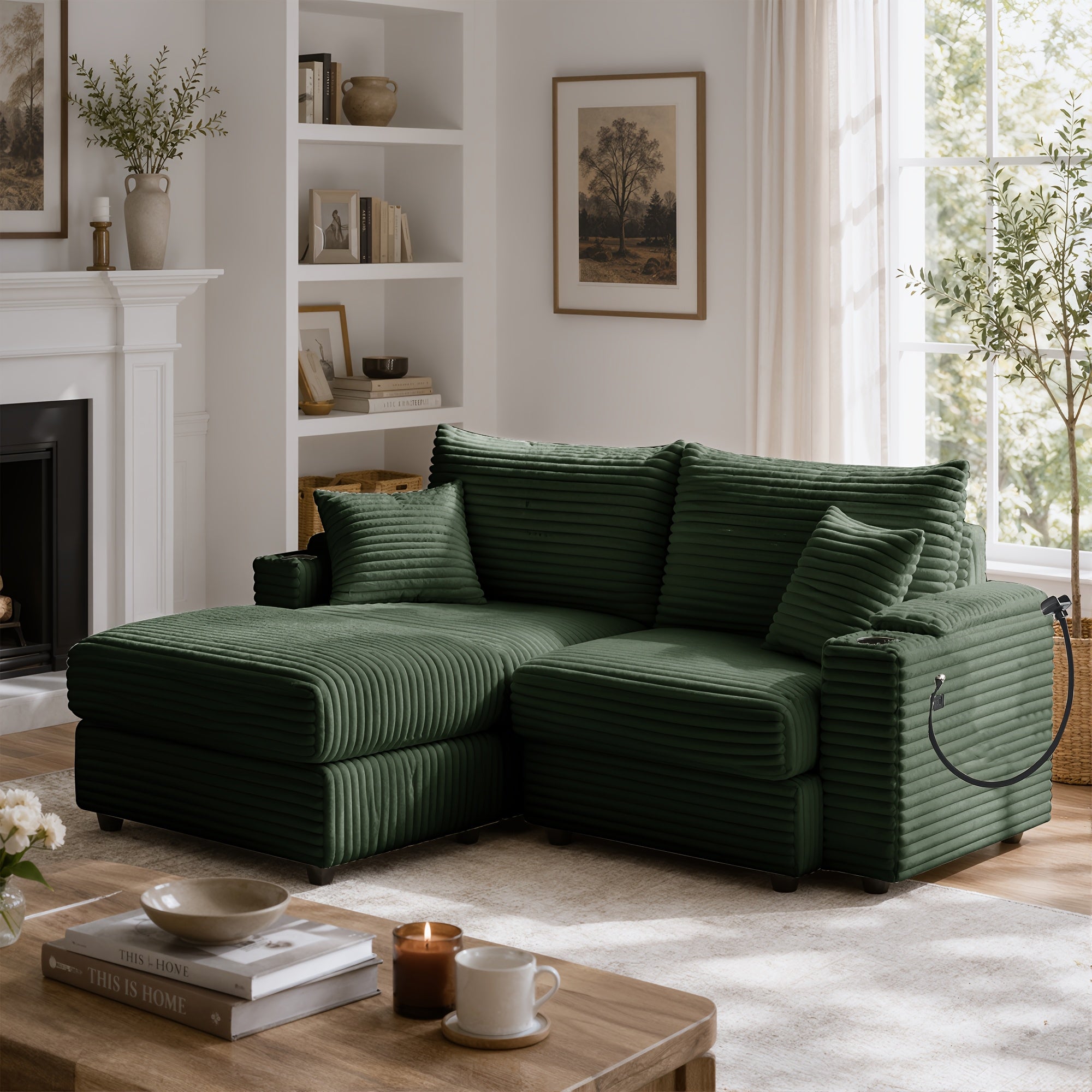 Left chaise L-shaped sectional sofa with memory foam cushions and corduroy upholstery