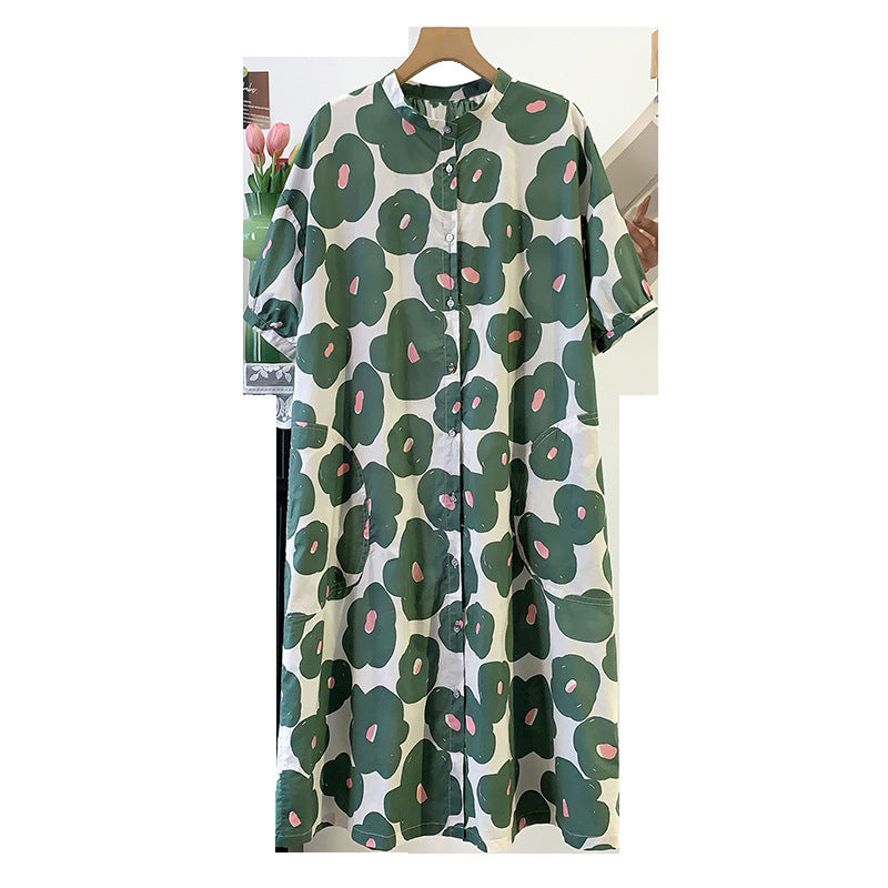 Long-length Loose-fitting Short-sleeved Dress with Floral Print