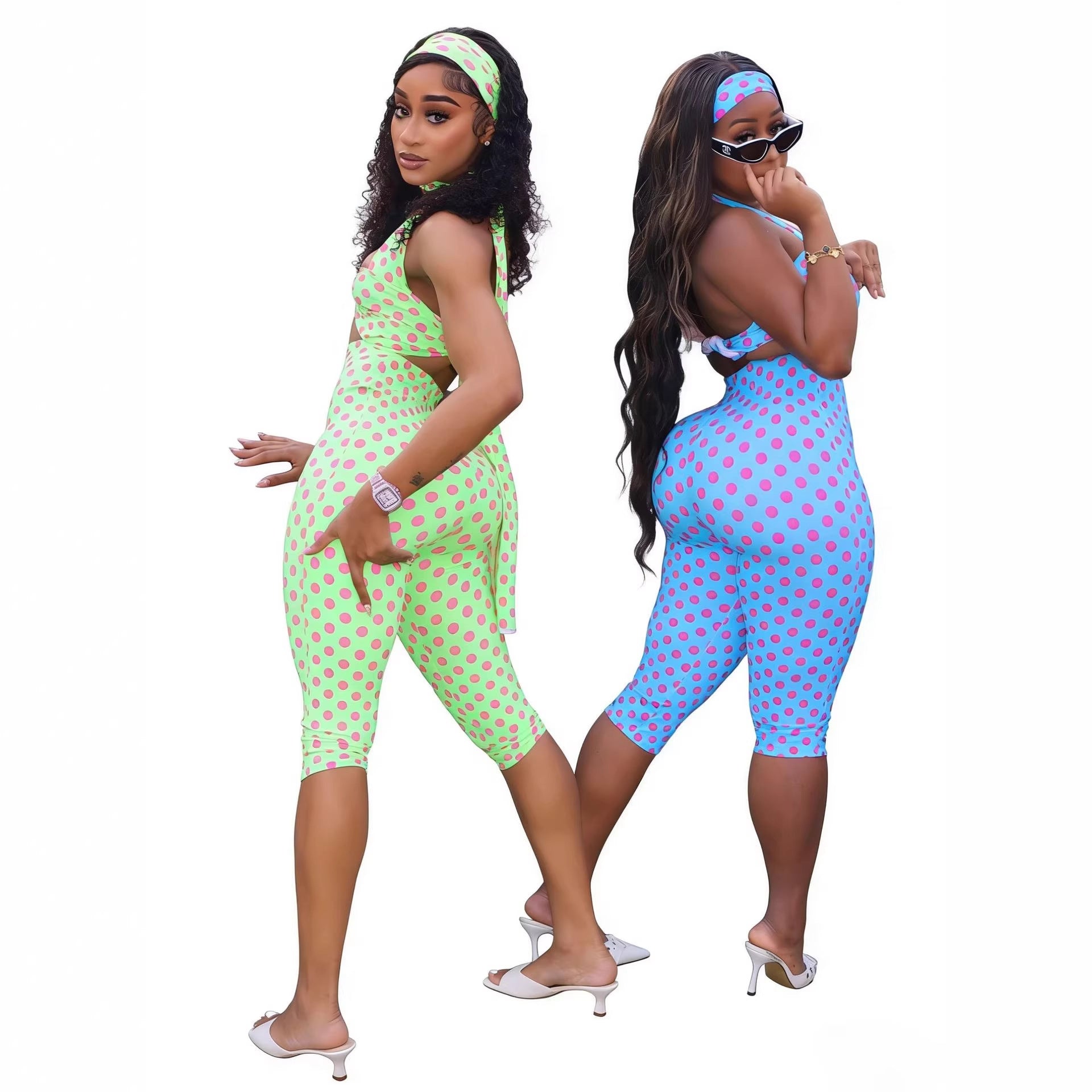 Polka-Dot Halter Bandeau Jumpsuit with Matching Headscarf