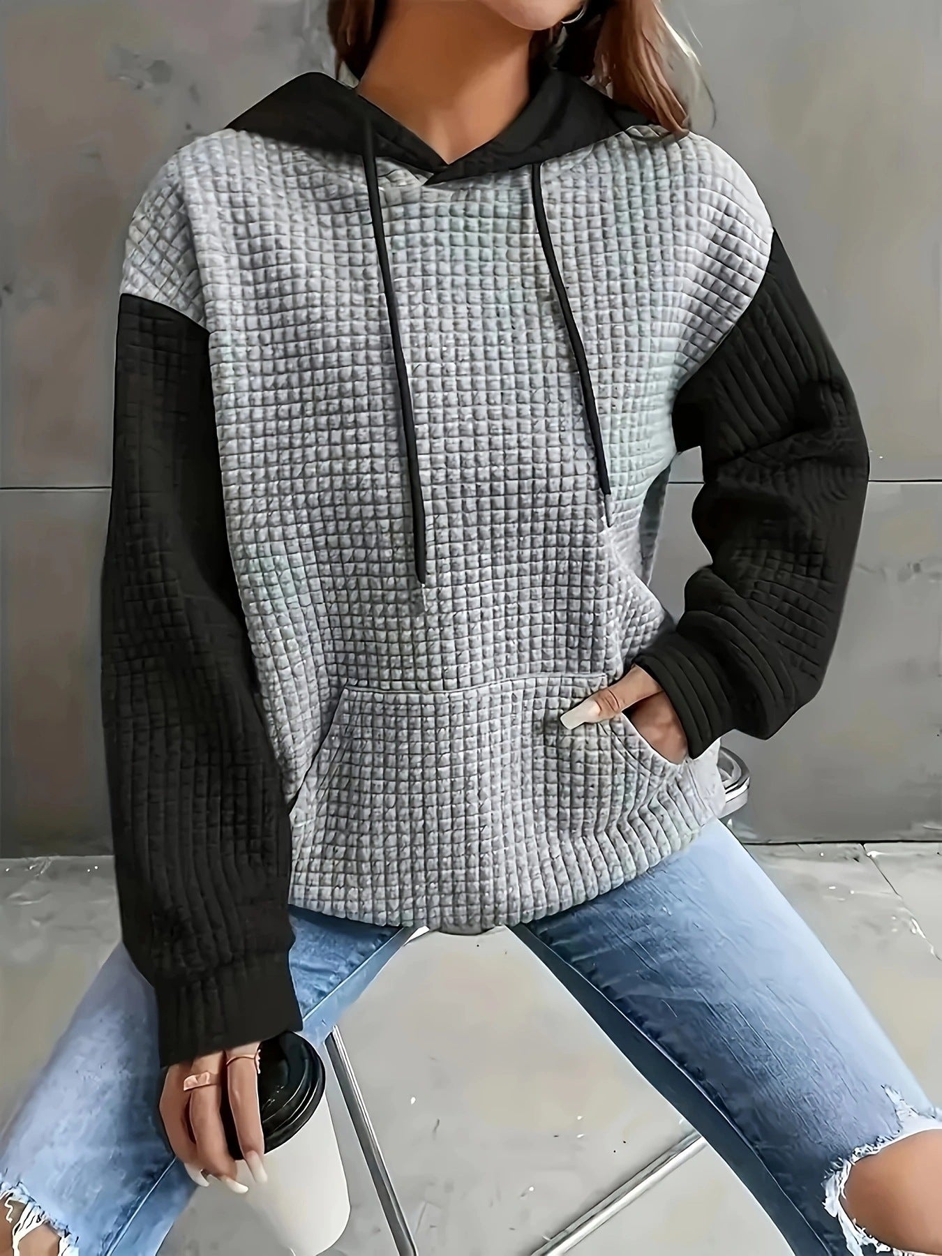 Casual Color Block Loose Pullover Hoodie with Pockets