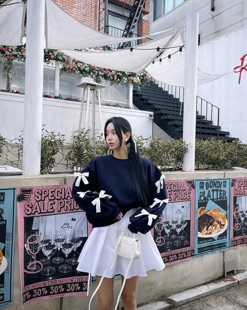 Women's Casual Loose Bow Knit Sweater with Lantern Sleeves