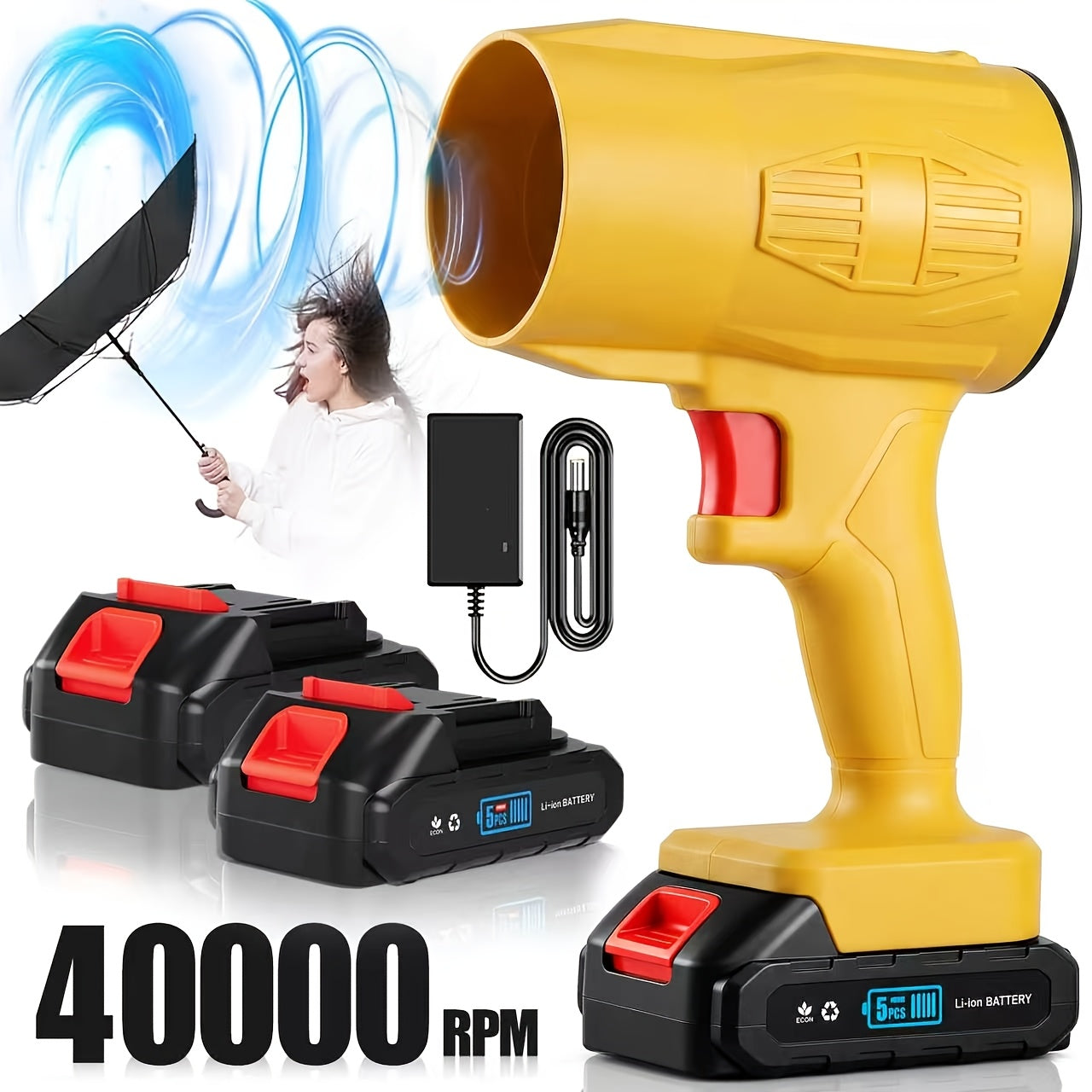 21V Cordless Turbo Jet Handheld Blower with 40000 RPM Motor, Battery and Charger – Adjustable Speed