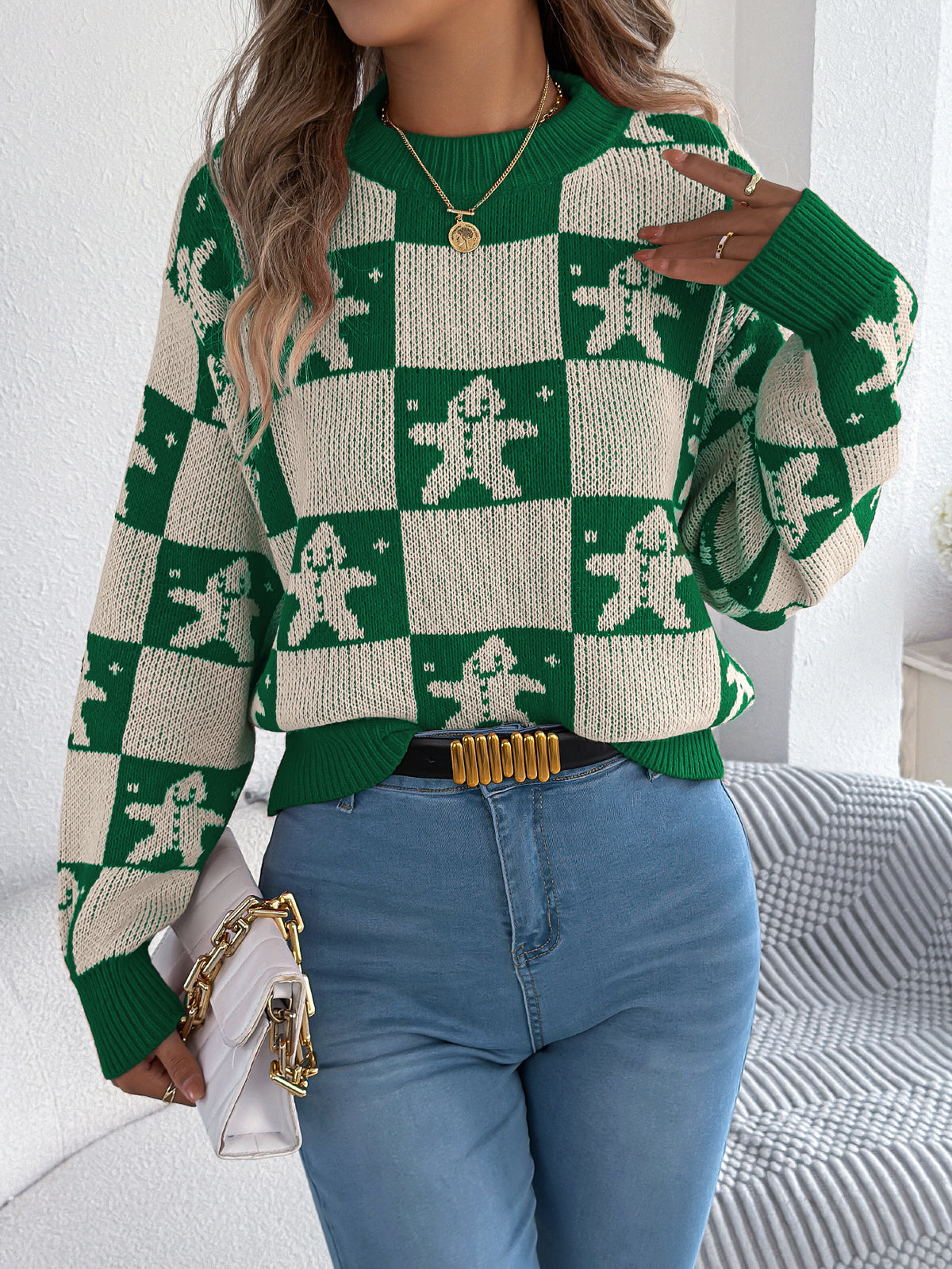 Snowflake Plaid Lantern Sleeve Pullover Sweater
