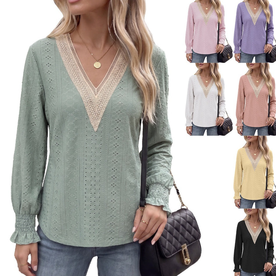 Elegant V‑Neck Lace‑Panel Long‑Sleeve Tee – Loose Fit, Solid Colors