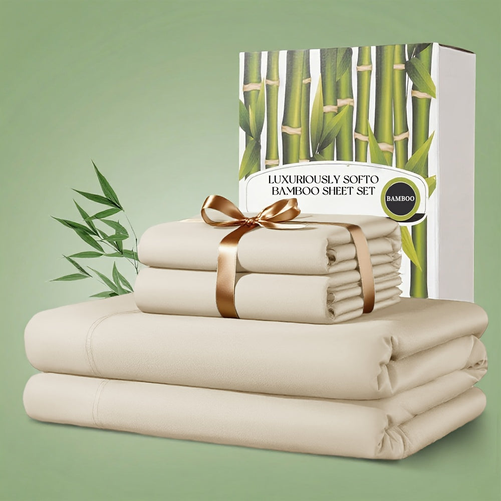 4 Pcs Bamboo Bed Sheet Set, 2200 TC Cooling Fabric, Bamboo Fitted Sheet Set, Extra 18\"-24\" Deep Pocket, Cooling & Breathable With Smooth Feel, Queen Size Sheets Ultra Soft For Hot Sleepers...