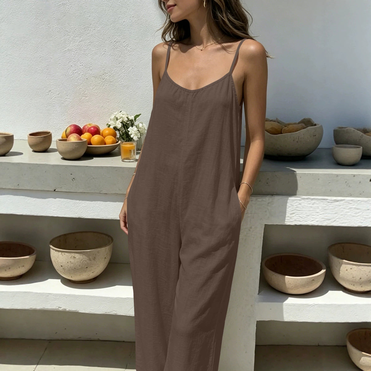 Womens Backless Drawstring Loose Strap Wide-leg Jumpsuit