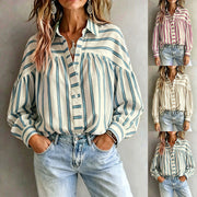 Vintage Striped Lapel Long Sleeve Shirt – Loose Fit Women's Top