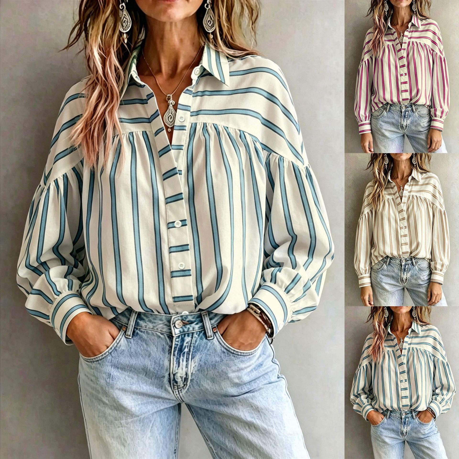 Vintage Striped Lapel Long Sleeve Shirt – Loose Fit Women's Top