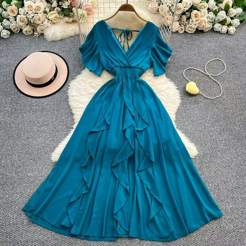 Summer Niche-design Cross V-neck Long Dress with Cap Sleeves