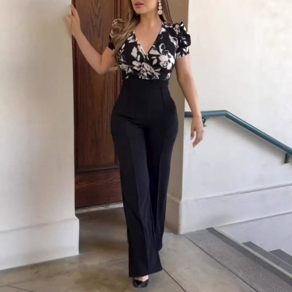 Chic Black Short-Sleeve Cropped Jumpsuit & Pants