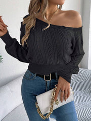 European and American Fashion Cable-knit Off-shoulder Short-length Long-sleeve Top