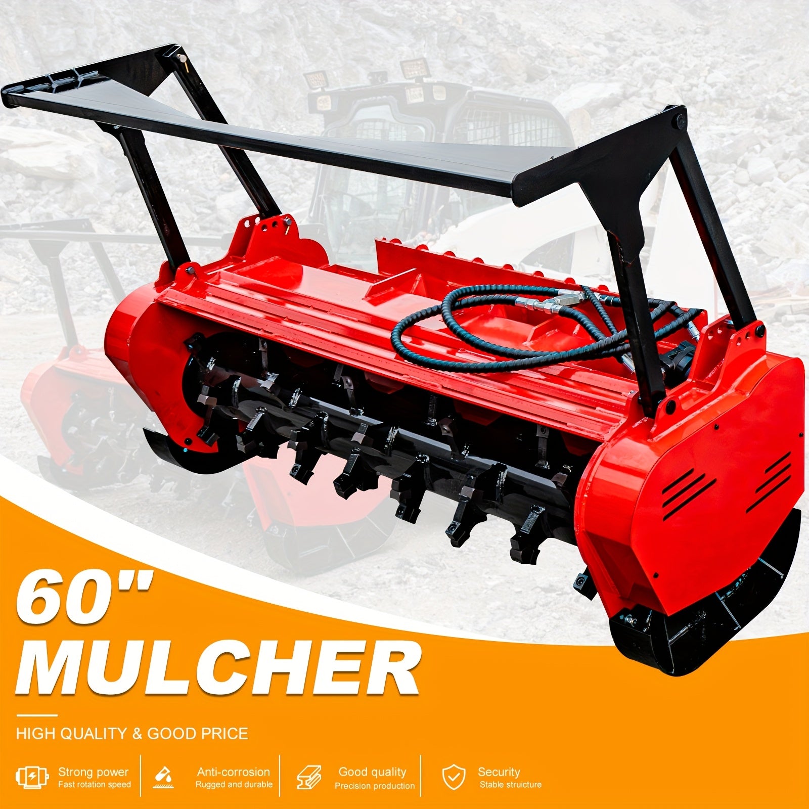 60-Inch Hydraulic Forestry Mulcher Attachments Designed for Bobcat Skid Steer Loaders, Suitable for Land Clearing, Brush Cutting, Roadside Maintenance, And Farm Vegetation Management