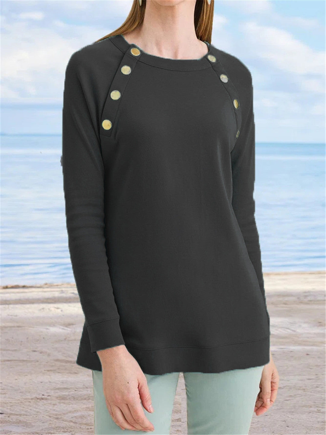 Chic Metal Button Round Neck Casual Long-Sleeve Sweater