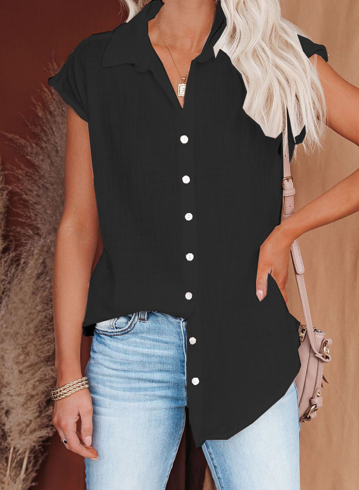 Spring And Summer Women's Solid Color Buttons Casual Short Sleeve