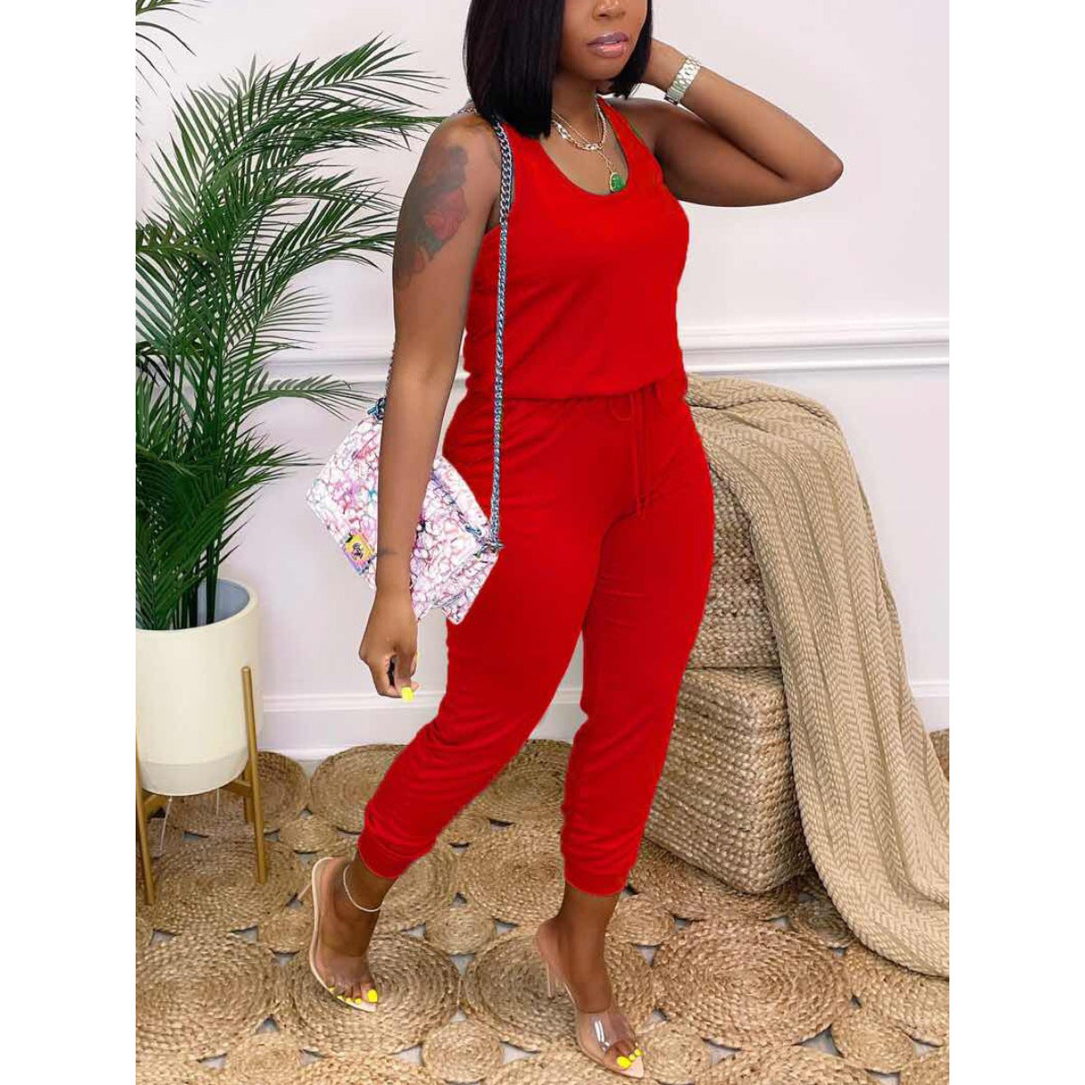 Solid Color Fashion Tight Belt Pocket Vest Jumpsuit